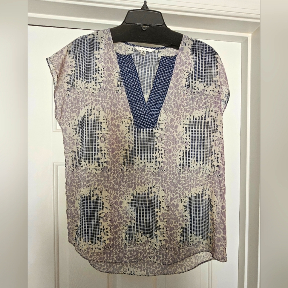 Cabi Purple Blue and Cream Patterned Blouse | Small